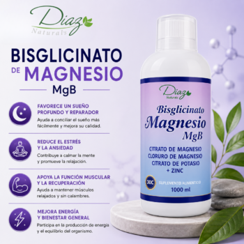 Magnesio líquido Bisglicinato MgB Díaz Naturals 1000 ml con zinc